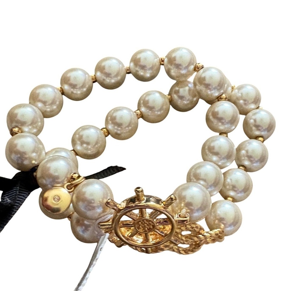 J.Crew Set of Two Nautical Pearl Bracelet Ship Wheel Knot Gold AX372 NWT‎